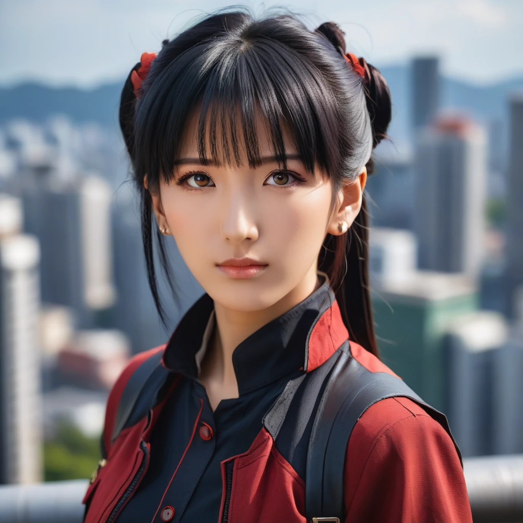 Medium close-up realistic 8K raw photography, (Captivating katsuragi misato portrait:1.3), Balanced composition, Piercing gaze, Intricate attire, (Emotive expression:1.2), Urban cityscape background, Contrasting colors, (Soft natural light:1.3), Shot with a Nikon D850, Nikkor 85mm f/1.4 lens, Crisp details, Realistic skin tones, Emotional depth