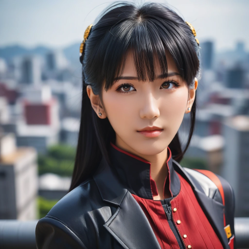 Medium close-up realistic 8K raw photography, (Captivating katsuragi misato portrait:1.3), Balanced composition, Piercing gaze, Intricate attire, (Emotive expression:1.2), Urban cityscape background, Contrasting colors, (Soft natural light:1.3), Shot with a Nikon D850, Nikkor 85mm f/1.4 lens, Crisp details, Realistic skin tones, Emotional depth