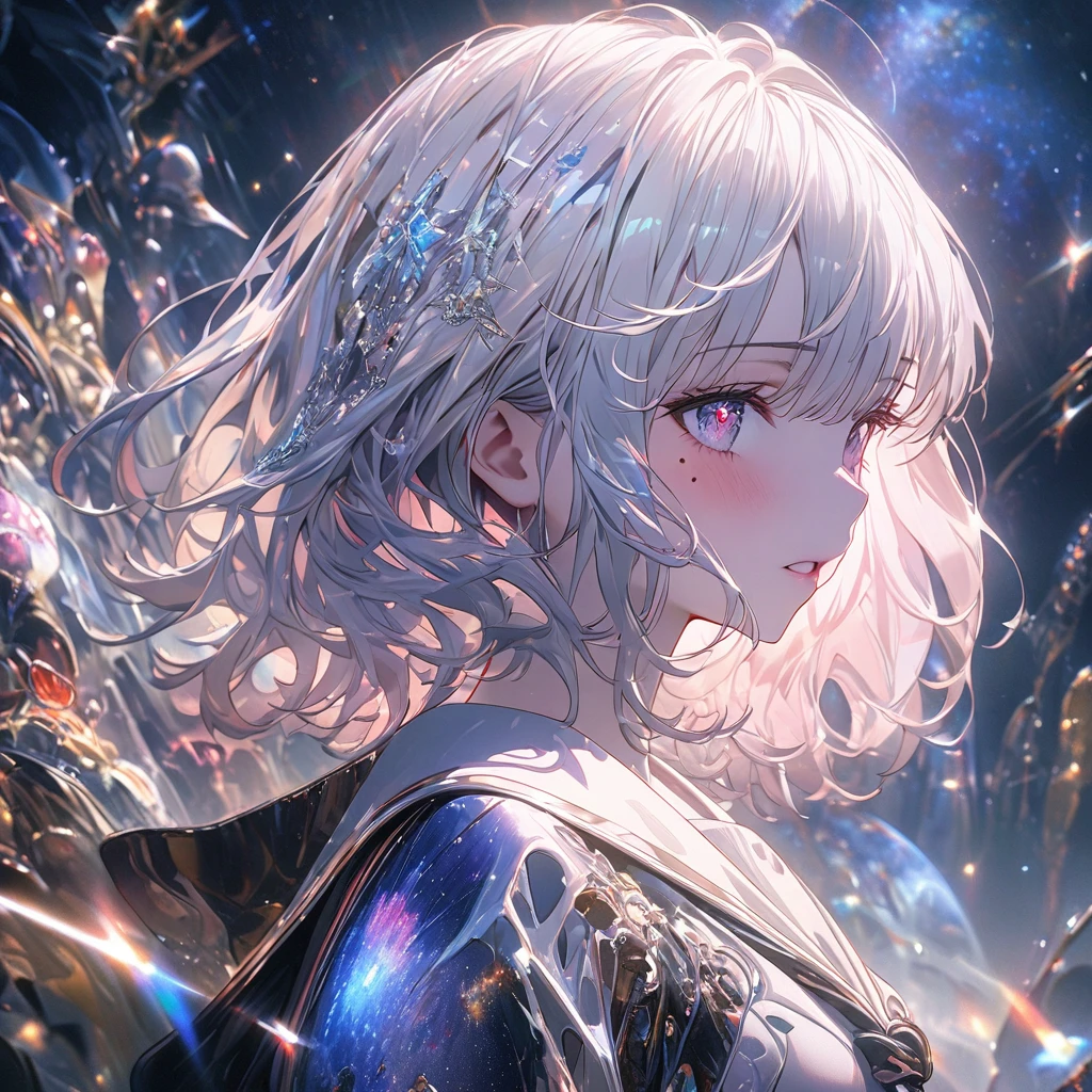 Shortcuts、Soft and fluffy、ephemeral、Starry Sky、Night view、whole body、Beautiful Hair、White skin、girl、universe, streaked hair, white hair, medium hair, mole under eye, heart-shaped pupils, chiaroscuro, cinematic lighting, sparkle, Surrealism, UHD, high details, best quality, masterpiece
