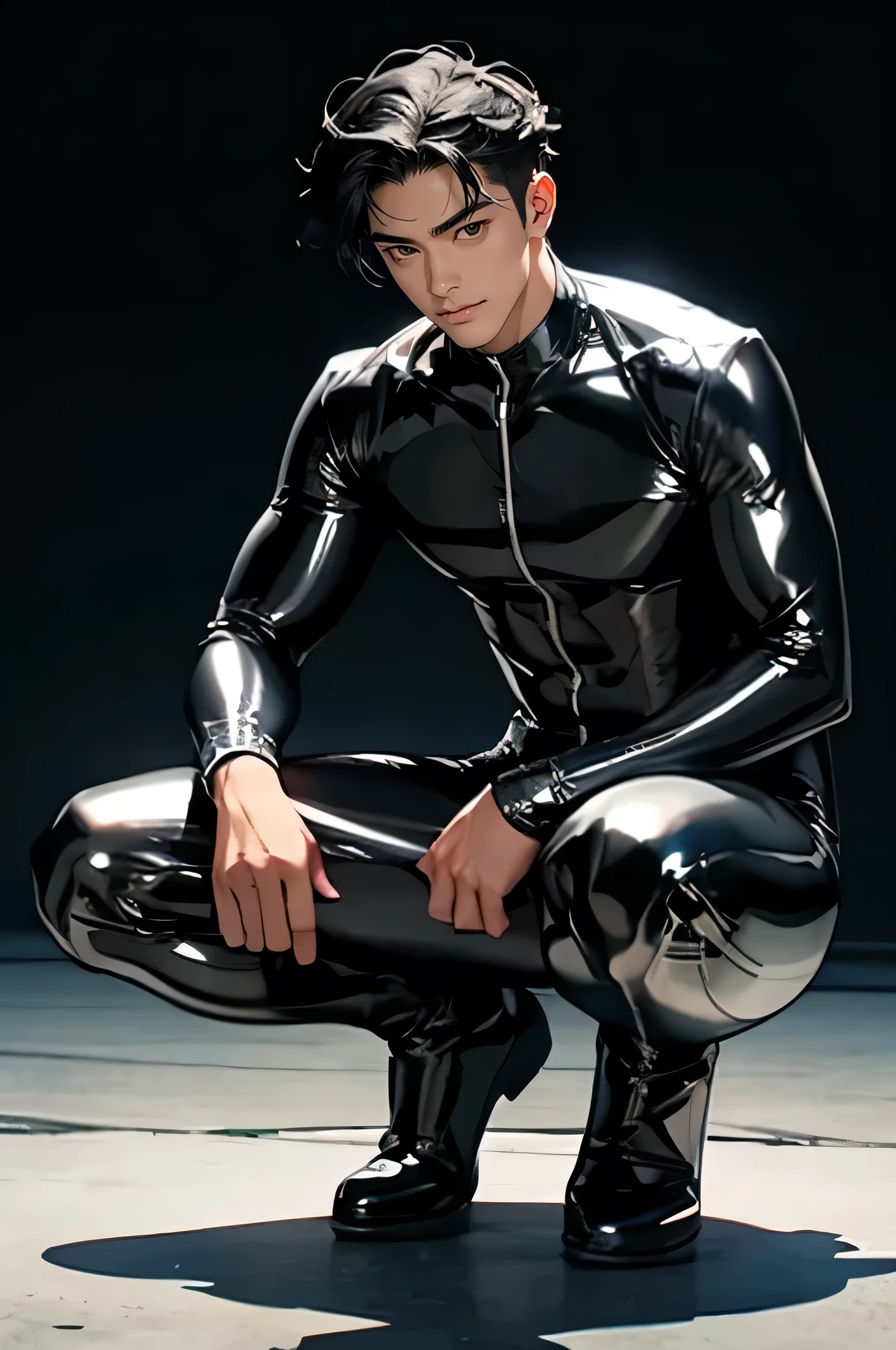 Japanese Male Handsome Model　Black Hair　 Short crop　looking at the camera　Shiny full-body silver suit　　　Shiny silver latex suit　　future　Metal Body　　　 　Mega Bulge　　　squat　Get down on one knee　　Bright future city　　 smile　Handsome