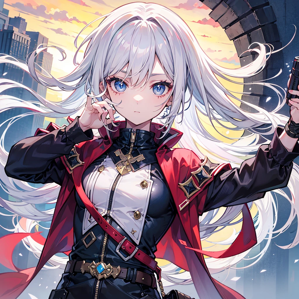 a young woman looking at the sky with white hair , with intense blue eyes, in an anime digital art style/high quality sleeve. His face shows signs of struggle, with various bandages and scars , also in one of his eyes , carries a ruby red hexagonal shaped device . He wears dark armor , lighting that gives his face with details of sunset shadow and a sky in the background