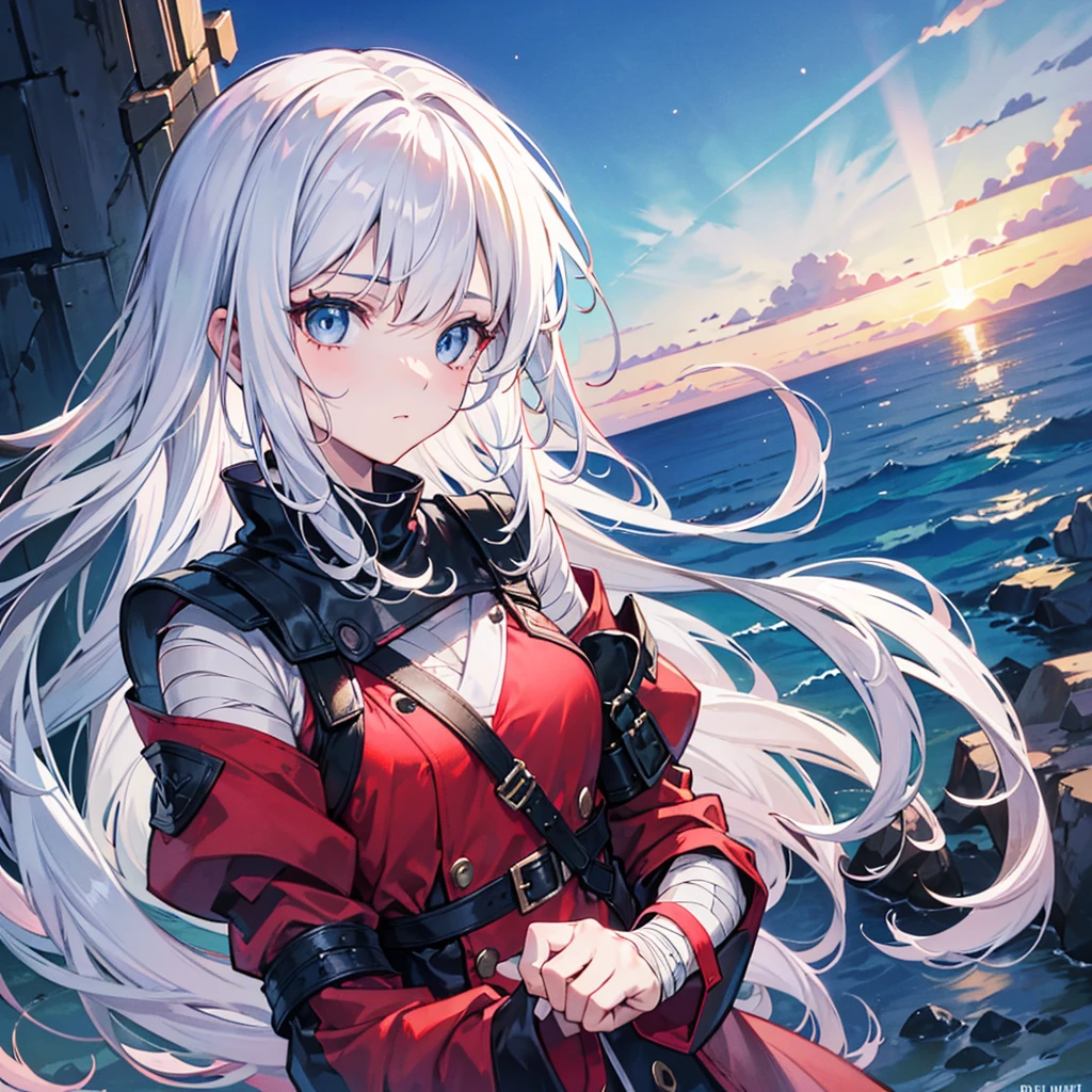 a young woman looking at the sky with white hair , with intense blue eyes, in an anime digital art style/high quality sleeve. His face shows signs of struggle, with various bandages and scars , also in one of his eyes , carries a ruby red hexagonal shaped device . He wears dark armor , lighting that gives his face with details of sunset shadow and a sky in the background