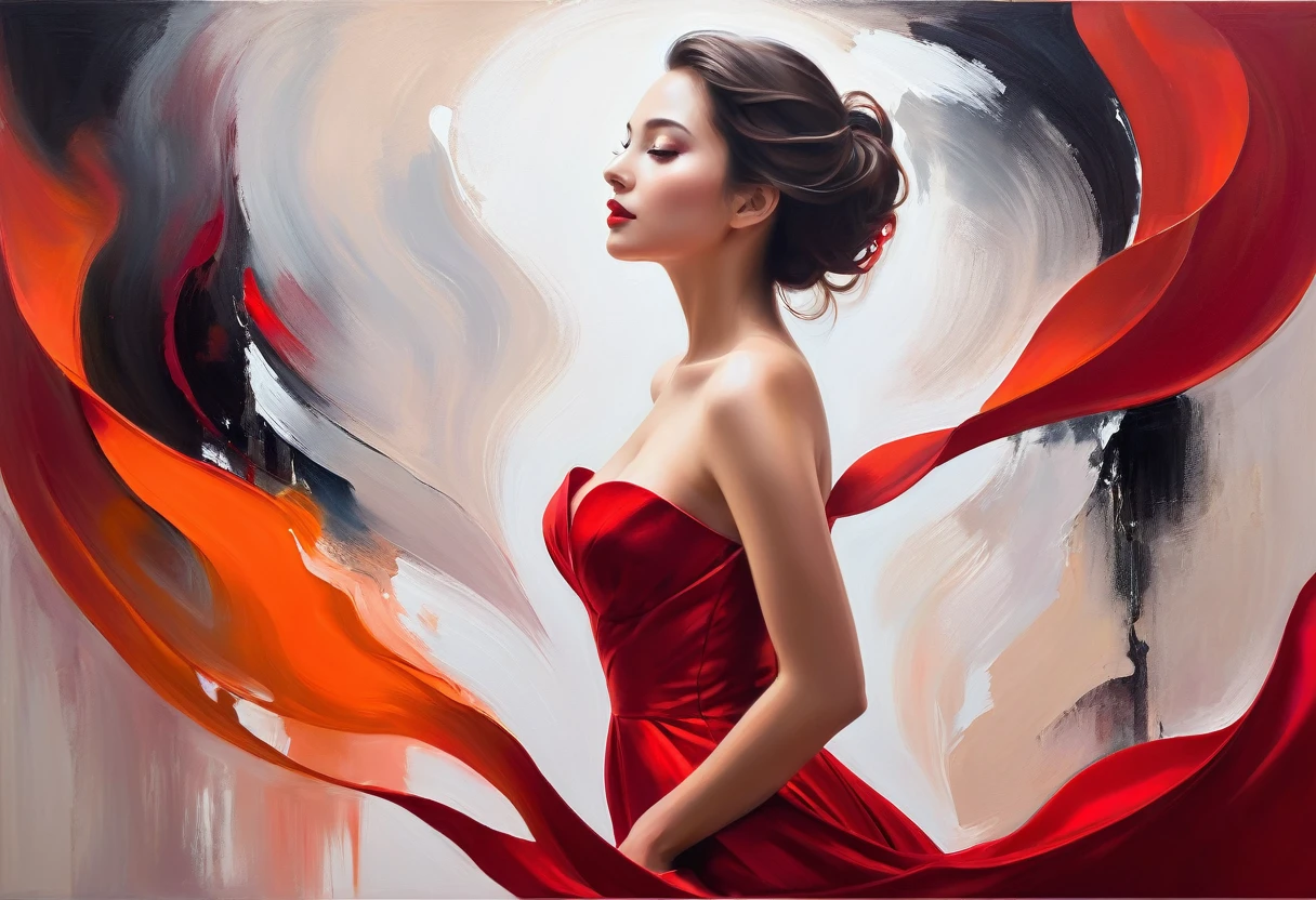 A captivating and vivid painting of a woman in a soft focus, revealing a beautiful and seductive figure. She is dressed in a red gown, with her silhouette accentuated by the color contrast. Her eyes seem to pierce through the viewer, causing a sense of vulnerability and longing. The background contains a blend of abstract shapes, reflecting the complexity of emotions experienced in love. The overall atmosphere is both passionate and intimate, as if the viewer is witnessing a private moment.