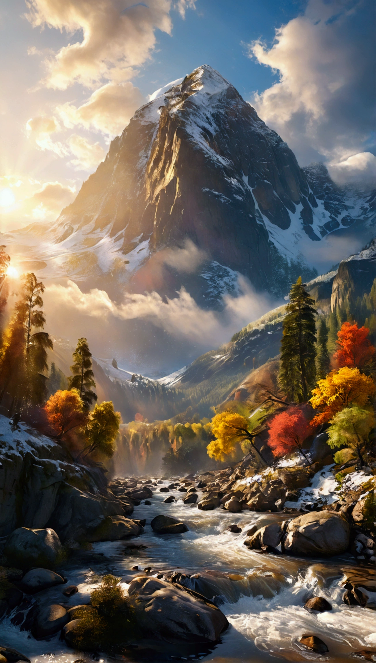 detailed background, masterpiece, top quality, landscape, mountain, river, forest, sun, day, cloud, beautiful golden sunlight, dramatic sky, serene atmosphere, stunning scenery, lush foliage, reflections in the water, rocky cliffs, snow-capped peaks, vibrant colors, atmospheric lighting, incredible depth of field, photorealistic, hyperrealistic