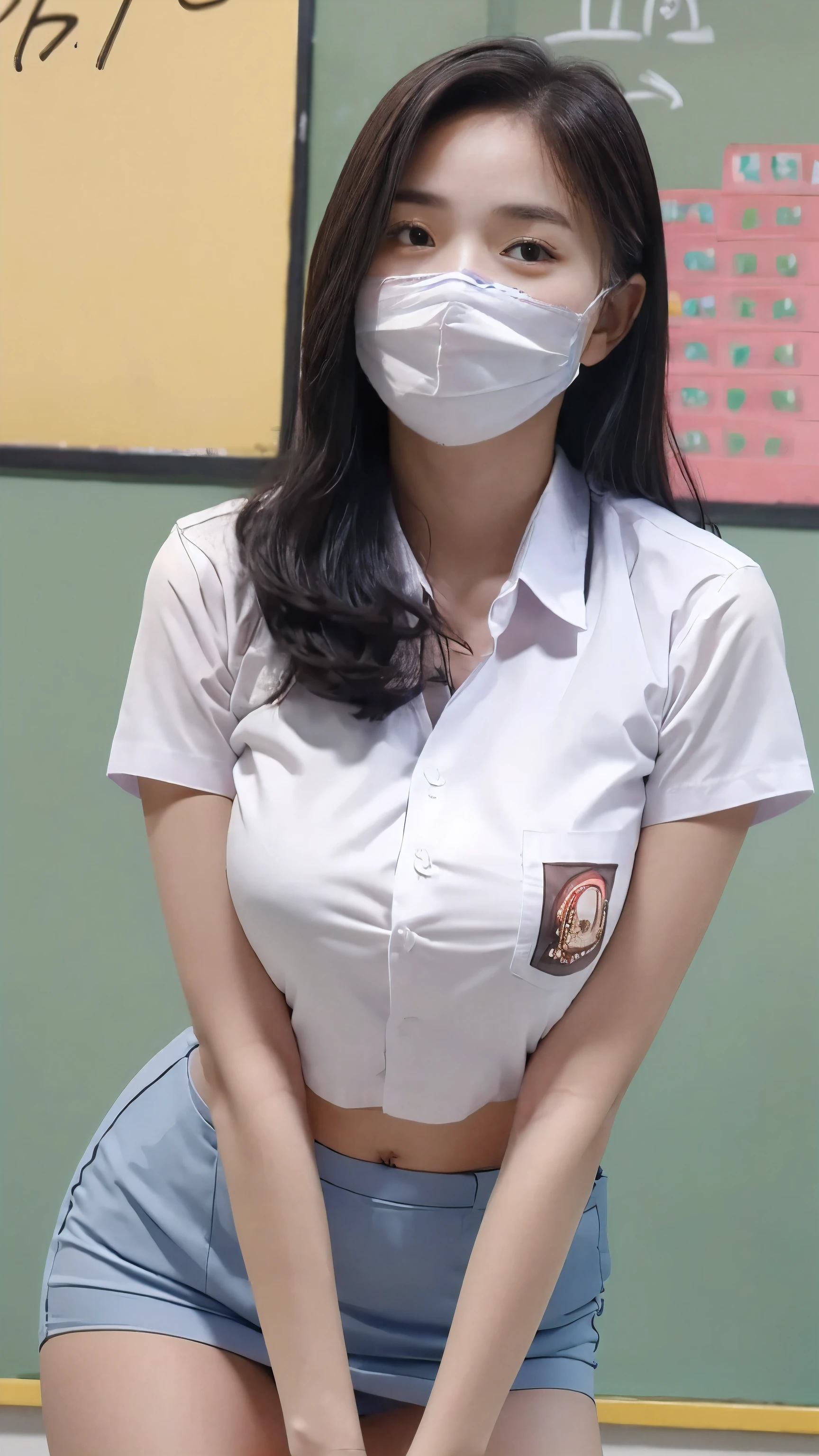multiple girl, 2gorl, RAW, Best quality, high resolution, masterpiece: 1.3), Beautiful young java woman wearing ((face masker)), vurious pose, standing reading book, open legs, sensual body, big breasts, Best quality, high resolution, Masterpiece: 1.3, Masterpiece, ((At classroom with whiteboard)), highres, 4k, HDR, 1girl, photorealistic, realistic, big breasts, ((whole body)) turning away facial at viewer, closeup, faint smile, crop shirt and pencil skirt