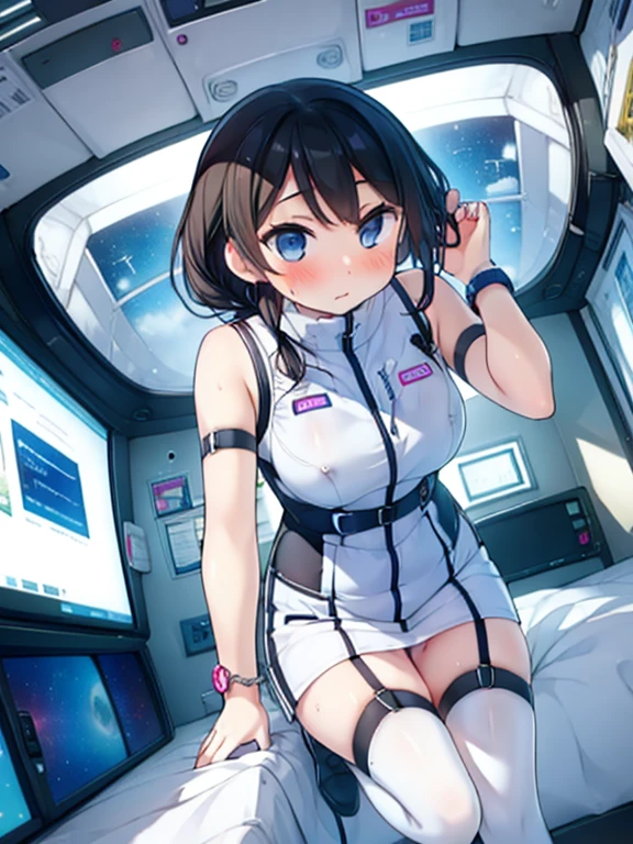 (Highest quality), (masterpiece), 1080P, High resolution, 4K, 8k, Inside the space station、Futuristic room、Thigh straps, Shooting from directly below, The woman on top of me, Nipples, 白いSweat, Covered , Sweat, Woman looking down, Skirt swimsuit, Thigh-high socks, To achieve this, , , whole body, Black leather shoes, Braided hair, Inner Color, Embarrassed face, Short black hair, bracelet, Bedroom,celestial body_Vest
