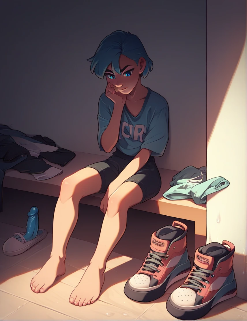 girl, clothes removed on the floor, sitting, barefoot, on the ledge, shoes removes on the floor. sitting on a dildo