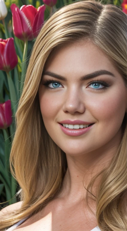 Masterpiece, Best Quality, Super Detailed, High Definition, Expensive Resolution, HDR, Super Detailed CG, Beautiful Details, Depth, Fine Texture, Super Fine, Complete concentration, (Kate Upton), sexy, pale skin, blue eyes, smirk, (in a tulip field), surrounded by tulips, vibrant colors, detailed eyes, highly detailed, fine detail, intricate details, volumetric lighting, 