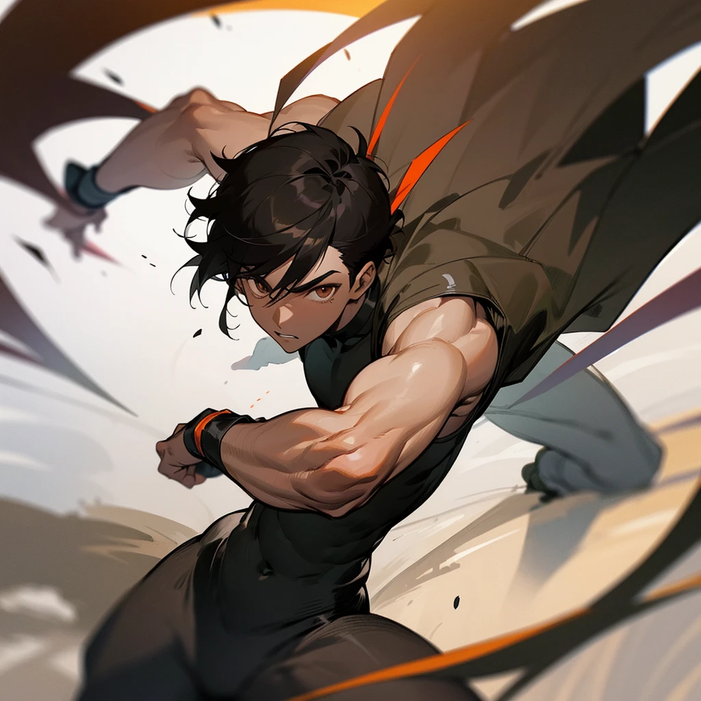 A dark skin boy ..he love sports and quite places . He got balck hair ..he got brown eyes he loves drawing . In a fighting pose