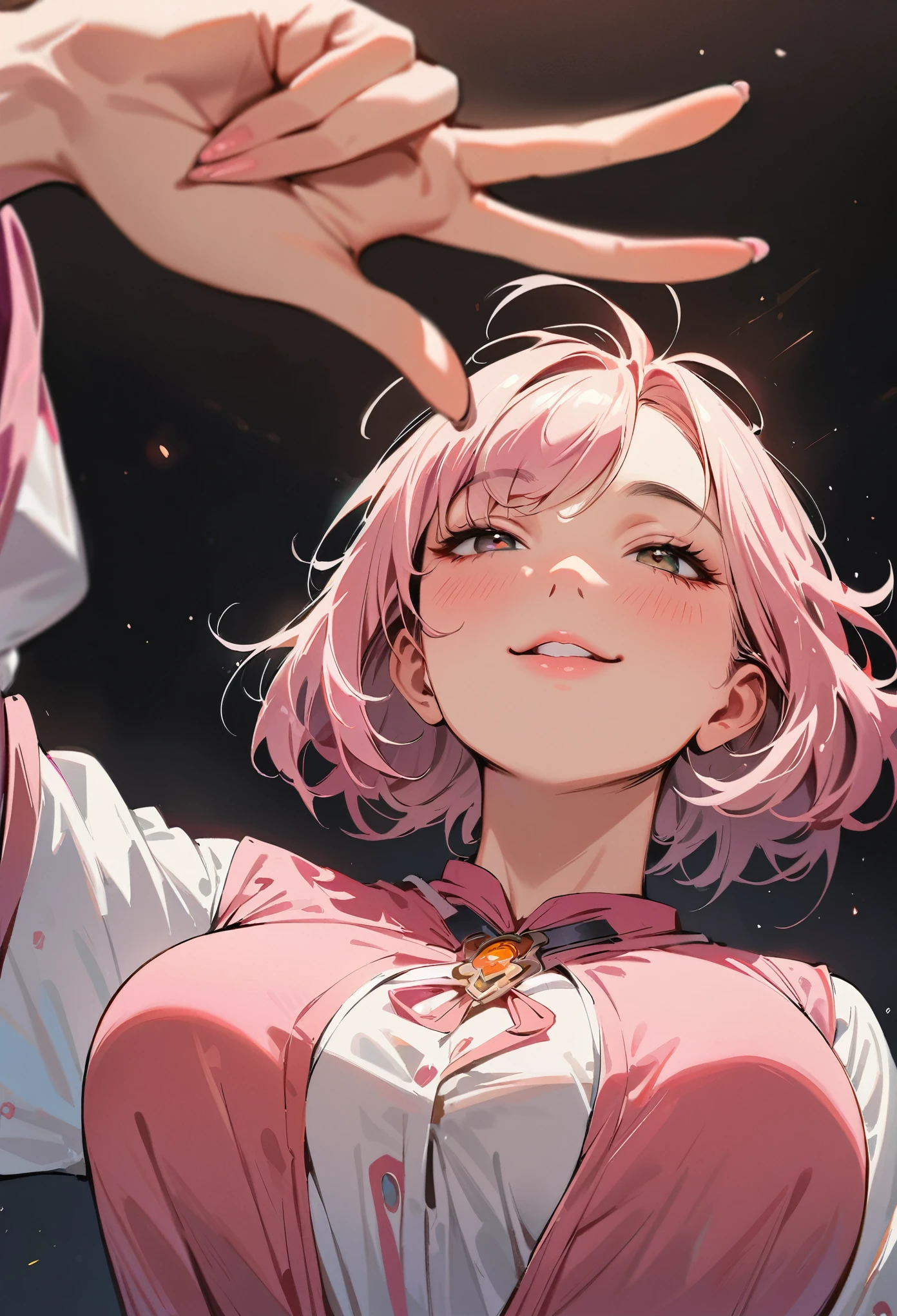 (masterpiece, best quality:1.4), 1 girl, 独奏, Off-white pupils, Blurred eyes, Close your left eye, Smile, Look up and down, Pink lower lip, peace gesture, Pink short hair, Messy hairstyle, Royal sister, large breasts, Pink loose shirt, Vision, black background.