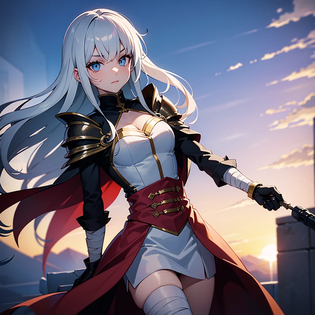 a young woman looking at the sky with white hair , with intense blue eyes, in an anime digital art style/high quality sleeve. His face shows signs of struggle, with various bandages and scars , also in one of his eyes , carries a ruby red hexagonal shaped device . He wears dark armor , lighting that gives his face with details of sunset shadow and a sky in the background