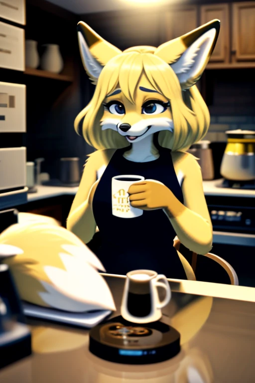 a fox furry ,(with yellow fur,Female and crazy history expression)who is drinking coffee in front of the coffee pot