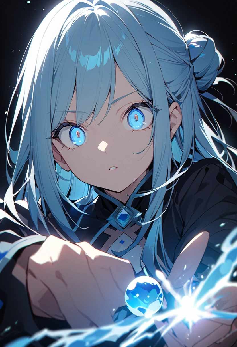 One girl、masterpiece、Highest quality、Beauty、Big eyes、Light blue eyes、Light blue hair、Straight Hair、Chignon、Braided、one piece、Long sleeve、magic、Black background、anime