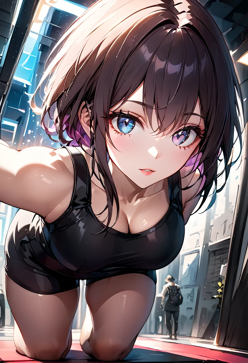 a woman in an arching yoga pose, beautiful detailed eyes, beautiful detailed lips, extremely detailed face, long eyelashes, anime style, from below, (best quality,4k,8k,highres,masterpiece:1.2),ultra-detailed, dynamic lighting,vibrant colors,dramatic composition
