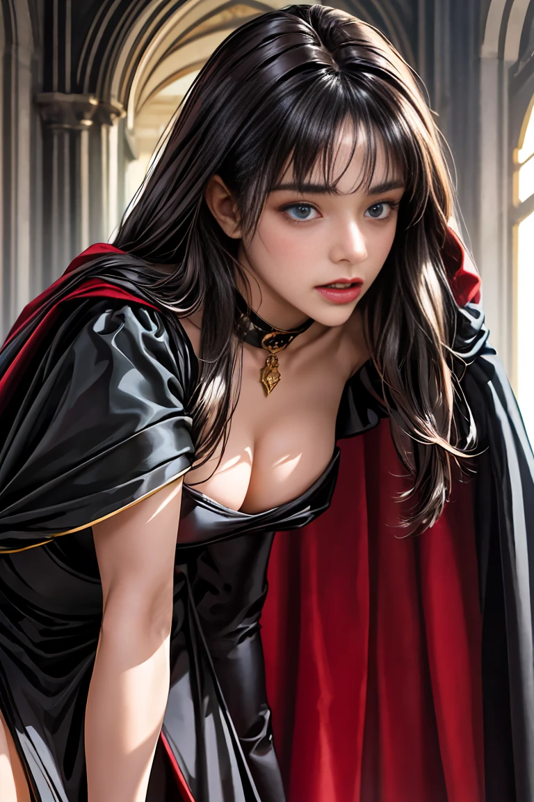 masterpiece, 最high quality, high quality, 1 girl, alone, Female focus, Watching the audience, Messy black hair, Adorable big blue eyes, White people, Noble, Noble,Sexy voluminous black and red cape、Tuxedo、A very voluminous, large, very large, very large, long, long red and black cape with a high stand-up collar, reaching down to the floor, made of a lot of fabric., 23 years old,Cute beautiful girls,Cute, cute, kind, pretty girl