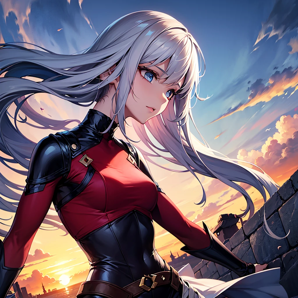 a young woman looking at the sky with white hair , with intense blue eyes, in an anime digital art style/high quality sleeve. His face shows signs of struggle, with various bandages and scars , also in one of his eyes , carries a ruby red hexagonal shaped device . He wears dark armor , lighting that gives his face with details of sunset shadow and a sky in the background