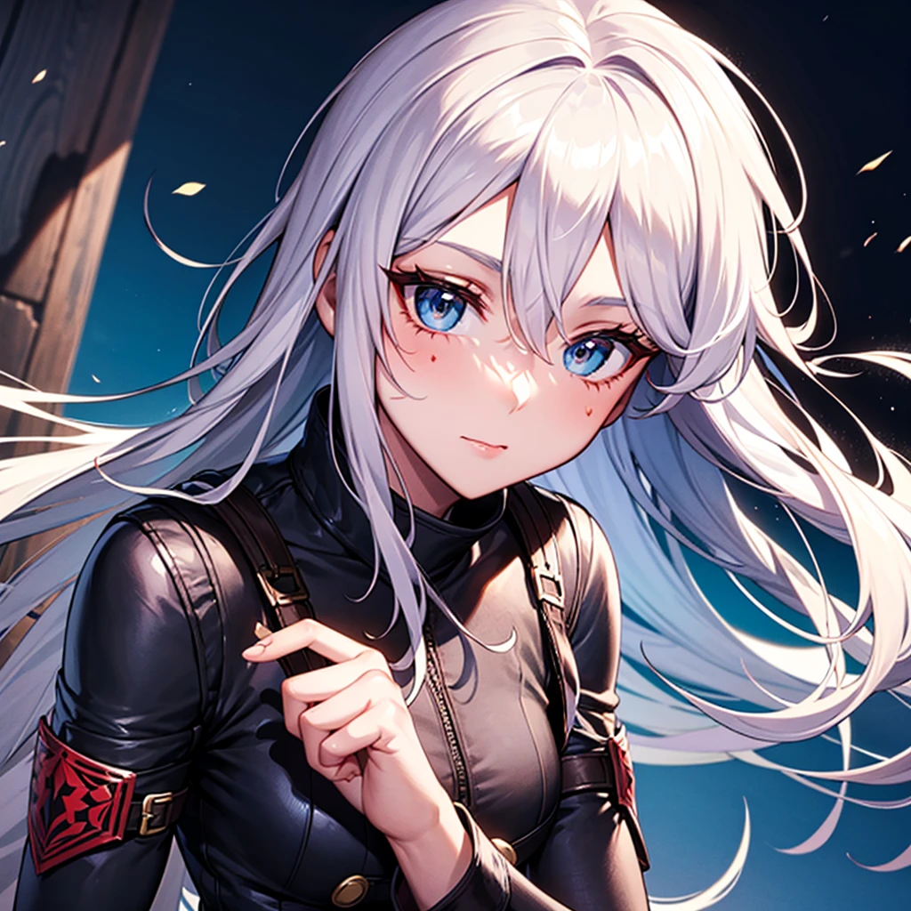 a young woman looking at the sky with white hair , with intense blue eyes, in an anime digital art style/high quality sleeve. His face shows signs of struggle, with various bandages and scars , also in one of his eyes , carries a ruby red hexagonal shaped device . He wears dark armor , lighting that gives his face with details of sunset shadow and a sky in the background
