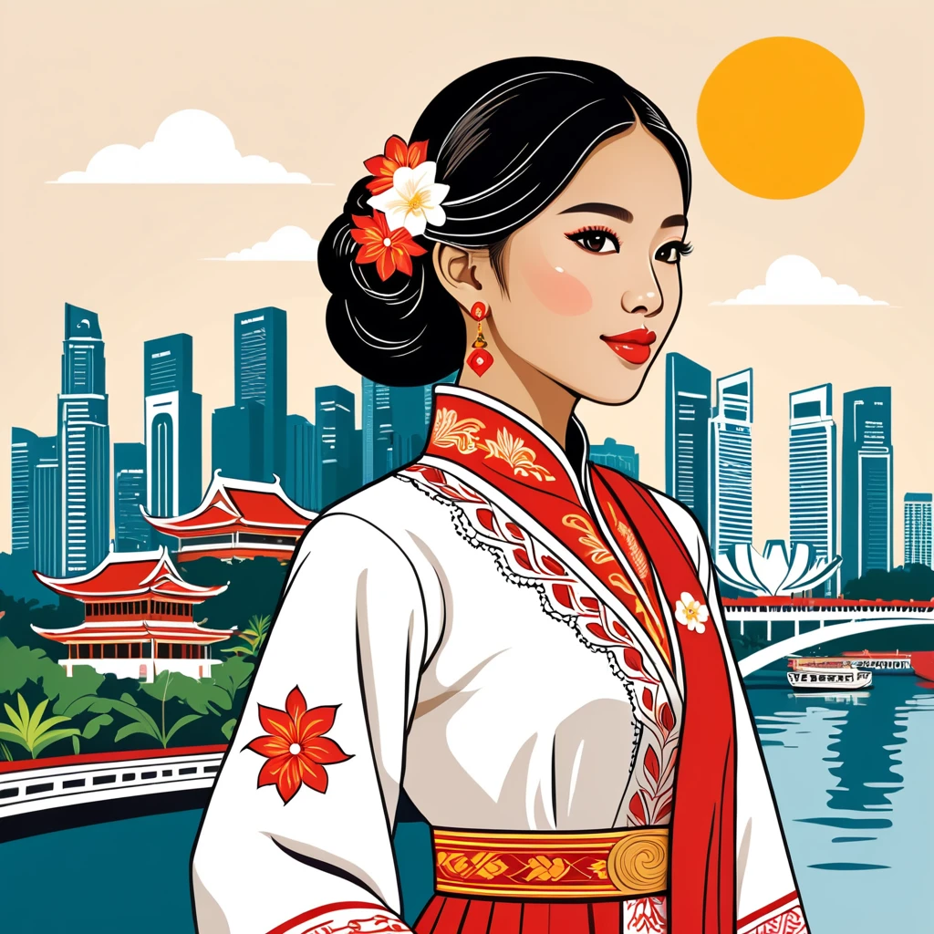 woman in singapore folk outfit, vector graphics, strong contours