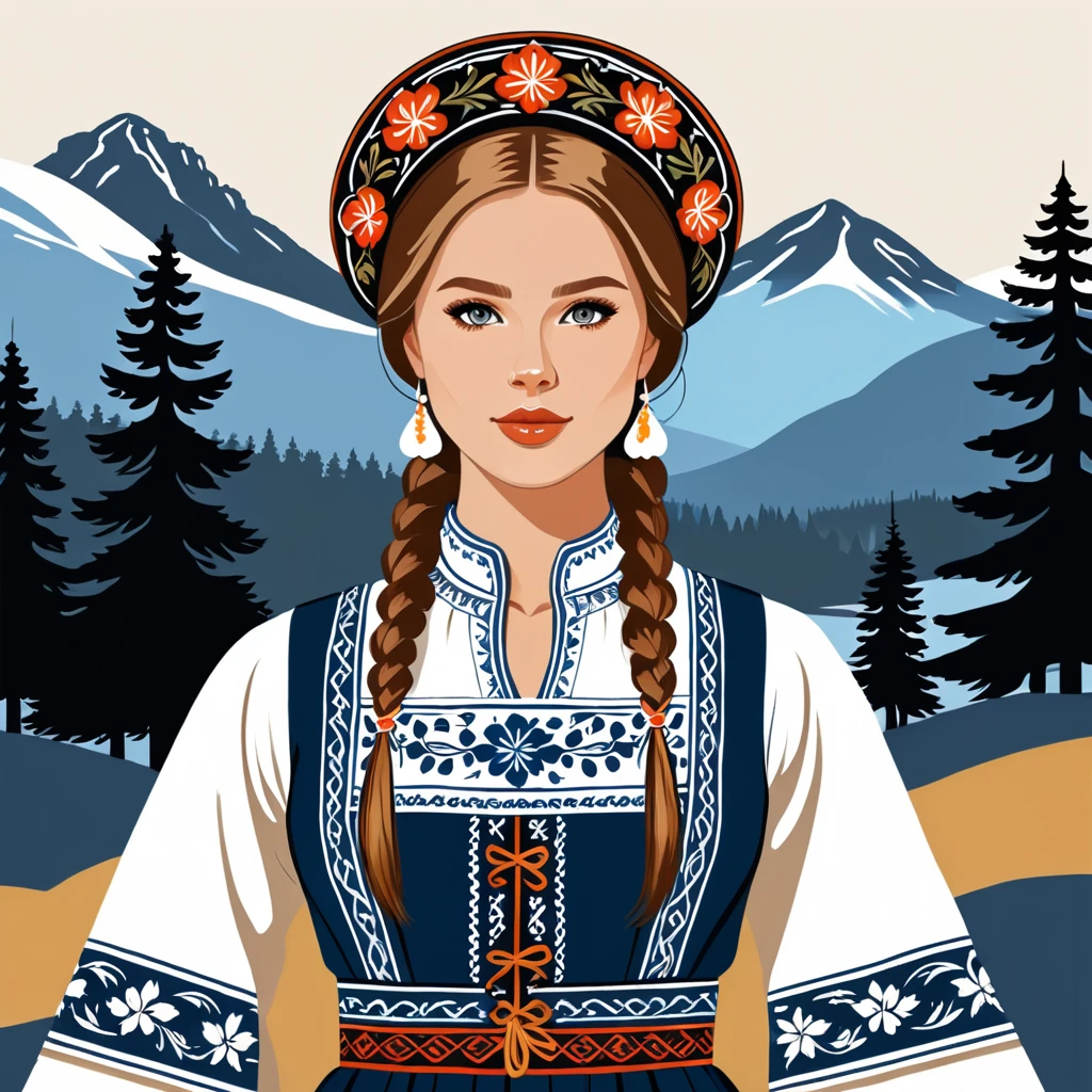 woman in finland folk outfit, vector graphics, strong contours
