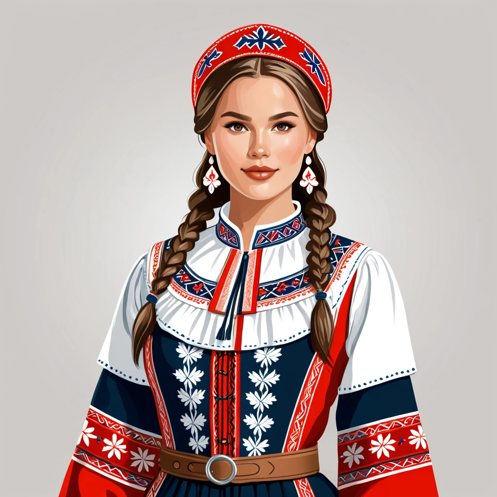 woman in norway folk outfit, vector graphics, strong contours
