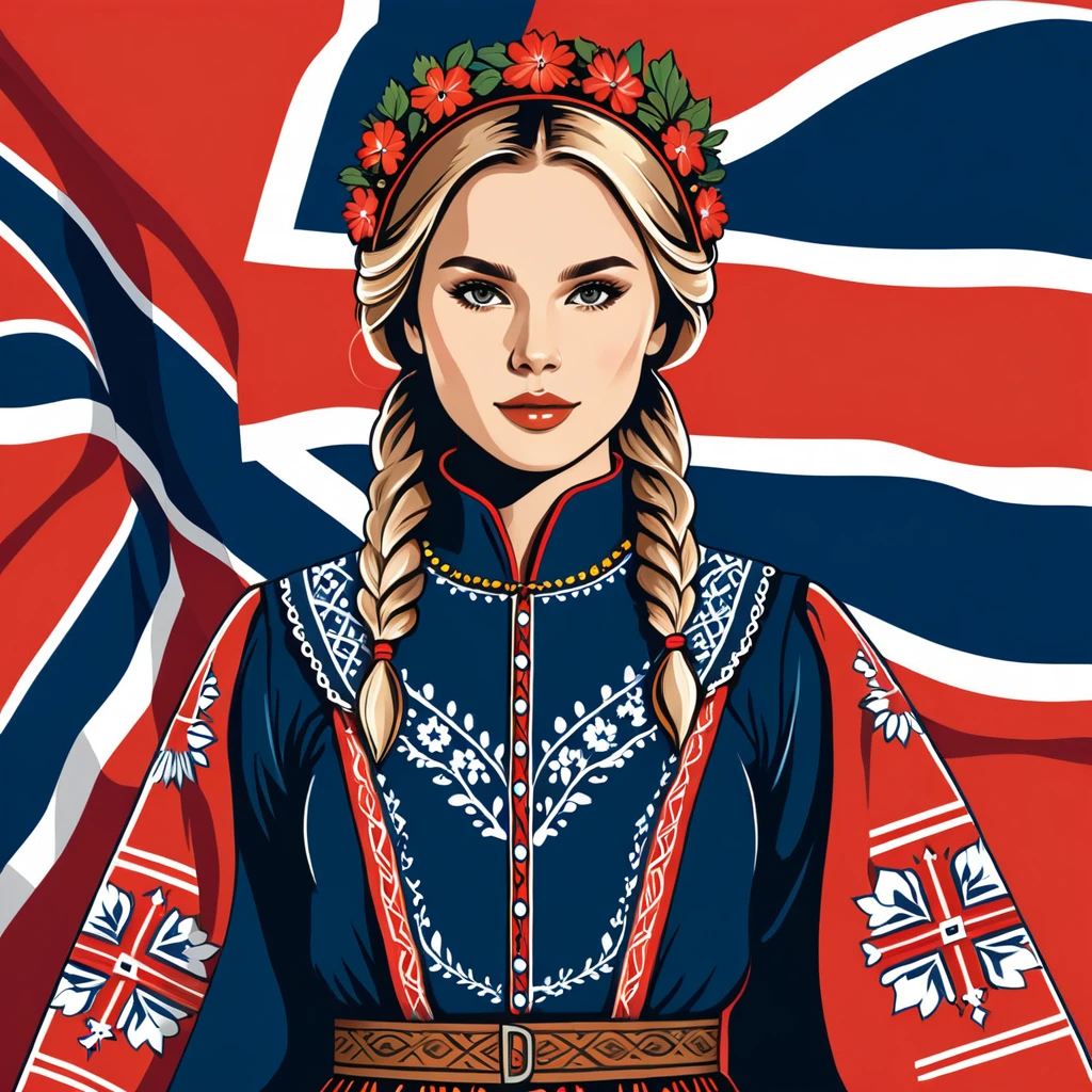 woman in norway folk outfit, vector graphics, strong contours