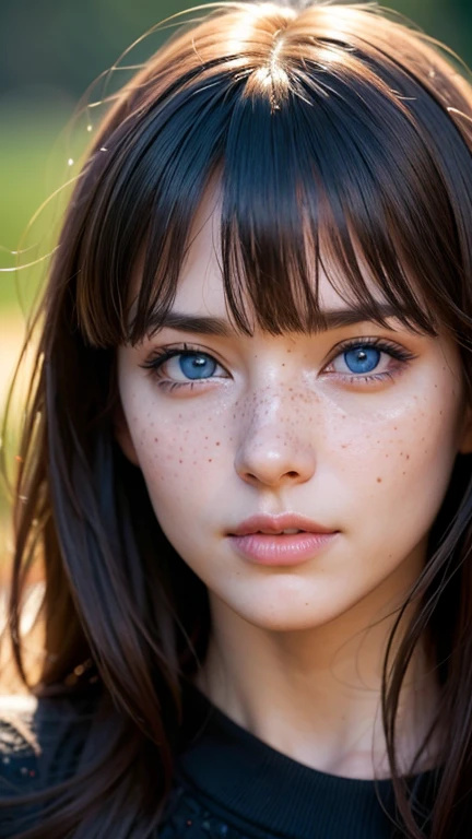  facing the camera head on, intricately detailed hyperdetailed, realistic, sharp features, highly detailed, sharp focus, perfect face, perfect face, perfect symmetrically perfect eyes, perfect full lips, flexible female form, cinematic, film light, hyper realistic, masterpiece, atmospheric, vibrant, dynamic natural lighting, nsfw, bokeh light background, Sexy face, Facial expressions when receiving pleasure, straight Bangs, blue Eyes, black sweater, freckles,