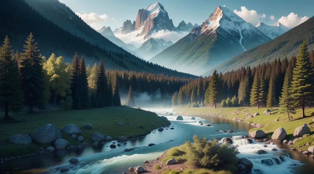 Capture a panoramic view of a lush, Enchanted forest nestled between majestic mountains. Make sure the forest looks mysterious and inviting, with a river meandering through it.