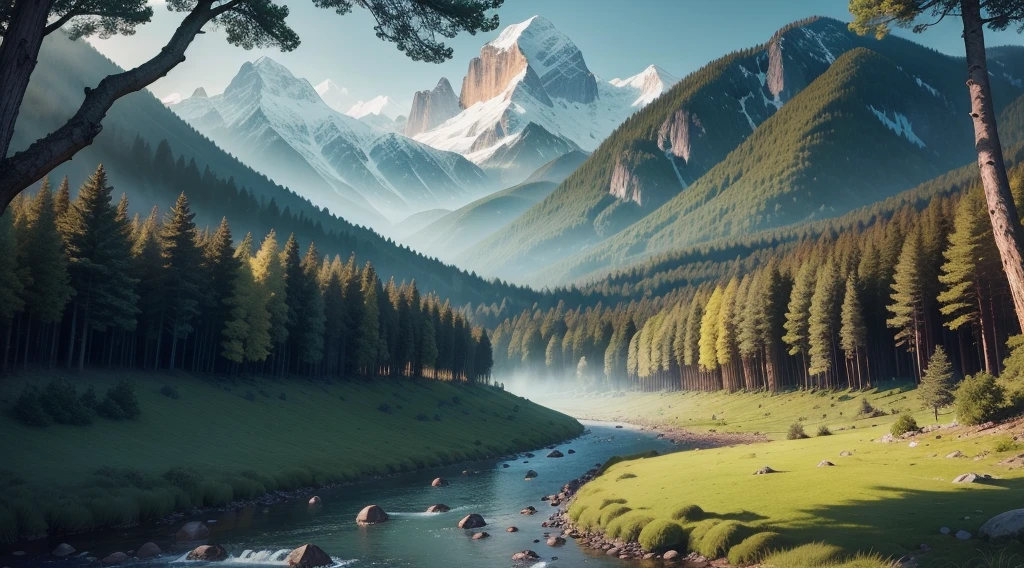 Capture a panoramic view of a lush, Enchanted forest nestled between majestic mountains. Make sure the forest looks mysterious and inviting, with a river meandering through it.