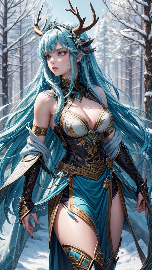 Fantasy-themed digital artwork featuring a fierce female warrior in a snowy forest. She has fair skin, piercing blue eyes, and long, wavy turquoise hair adorned with a crown of antlers. Her outfit is a detailed, teal-colored leather armor with intricate designs, fur accents, and metal embellishments. She has multiple tattoos on her arms, torso, and legs, adding to her warrior aesthetic. The background showcases snow-covered trees, enhancing the wintry atmosphere. The overall composition is dynamic, with a focus on the character's powerful and determined expression.