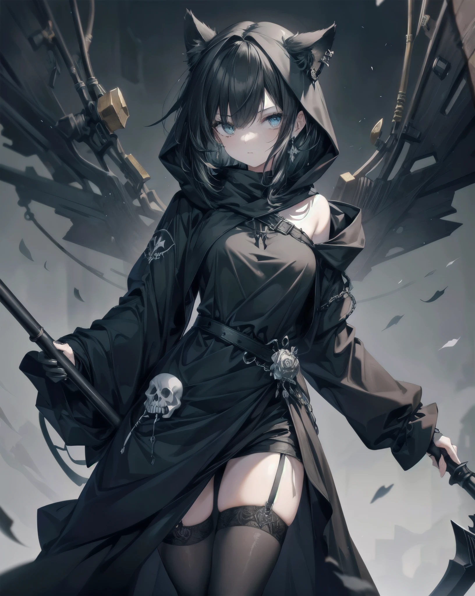 Neko ears, cat ears, black hair, grim reaper, black scythe full of blood, black-green-blade, absurdres, RAW photo, extremely delicate and beautiful, masterpiece, Best Quality, ultra high resolution, 32k, hyperrealistic, ultra-detailed, detailed description, pale skin, 20 years old, tearful mole, skull earring, short medium hair, wavy hair, whole body shot, skeleton in background, she is a necromancer. Ghost skulls on background. Aestetics. Black 1cat. Green fire on her eyes. Bare shoulders, Garter. Accent eyes. Ultra Detailed eyes.eyes focus.hoodie.skull Smoke. Skeleton behind her. She has a leg on a pile of skulls and bones. skeleton from a grave. skull on eyes.