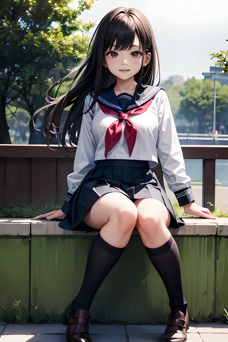 very high quality, 1 girl, serafuku, school skirt, black kneehighs 