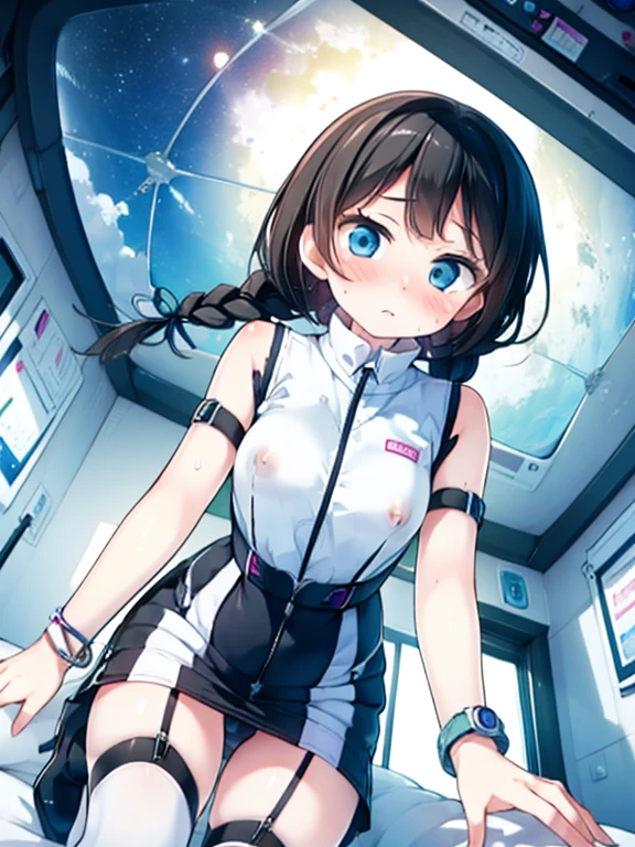 (Highest quality), (masterpiece), 1080P, High resolution, 4K, 8k, Inside the space station、Futuristic room、Thigh straps, Shooting from directly below, The woman on top of me, Nipples, 白いSweat, Covered , Sweat, Woman looking down, Skirt swimsuit, Thigh-high socks, To achieve this, , , whole body, Black leather shoes, Braided hair, Inner Color, Embarrassed face, Short black hair, bracelet, Bedroom,celestial body_Vest
