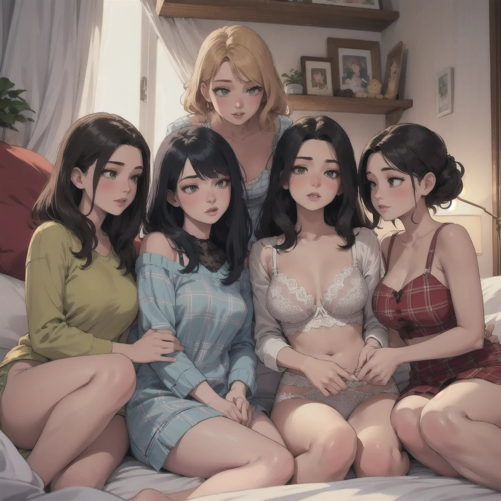 ((masterpiece,best quality)), girls sleepover, 5 young elegant beautiful girls in lace underwear, girls night party, cozy bedroom interior, soft lighting, plaid blankets, pillows, stuffed animals, warm colors, relaxed atmosphere, natural expressions, detailed faces and eyes, long eyelashes, photorealistic