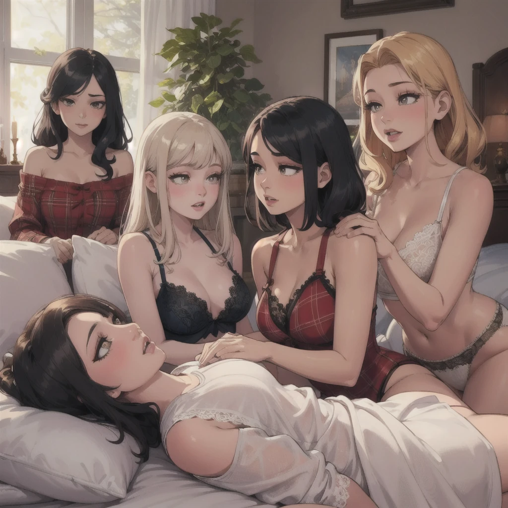 ((masterpiece,best quality)), girls sleepover, 5 young elegant beautiful girls in lace underwear, girls night party, cozy bedroom interior, soft lighting, plaid blankets, pillows, stuffed animals, warm colors, relaxed atmosphere, natural expressions, detailed faces and eyes, long eyelashes, photorealistic