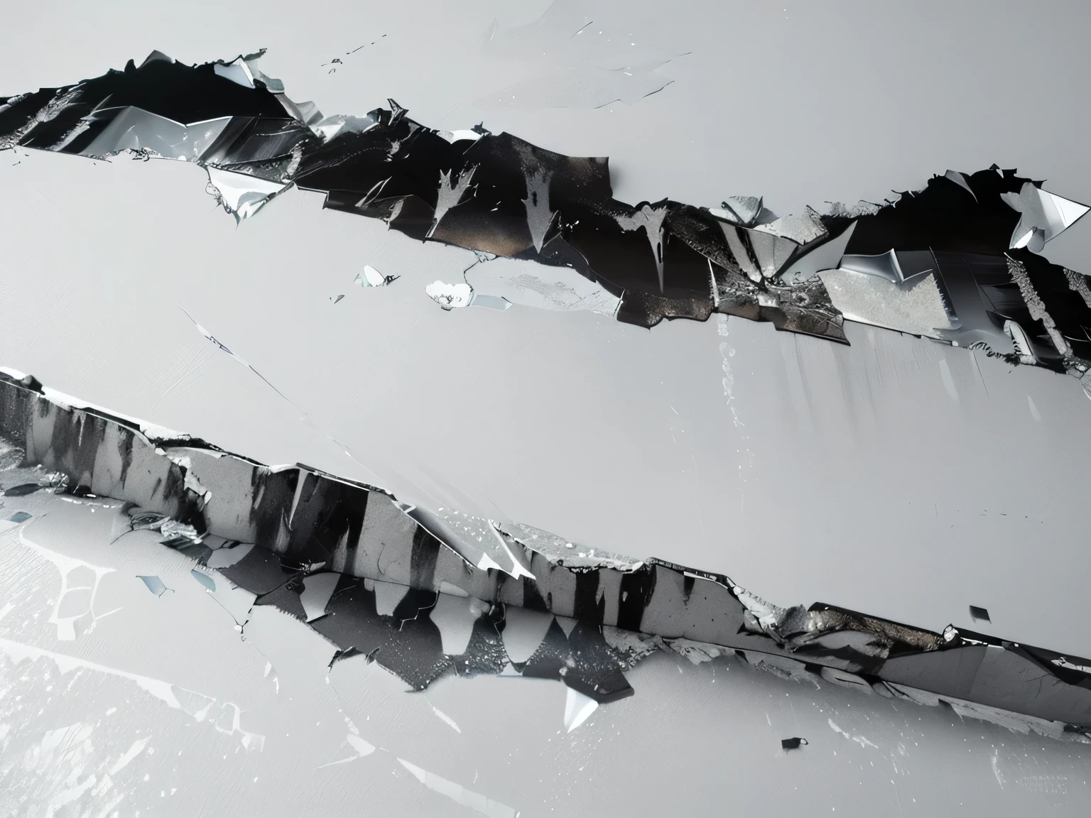 there are two pieces of black tape on a white surface, close-up print of fractured, jagged metal landscape, cracks, cracked steel, subsurface cracks, covered with liquid tar. dslr, abstract holescape, frost on the canvas, dripping black and grey paint, large cracks, fozen ice hard edges, glassy fracture, cracked plastic wrap, melting paint