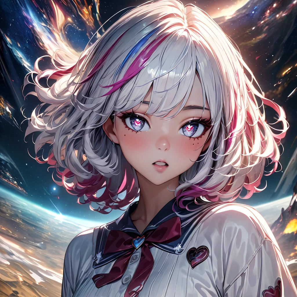 Shortcuts、Soft and fluffy、ephemeral、Starry Sky、Night view、whole body、Beautiful Hair、White skin、girl、universe, streaked hair, white hair, medium hair, mole under eye, heart-shaped pupils, chiaroscuro, cinematic lighting, sparkle, Surrealism, UHD, high details, best quality, masterpiece