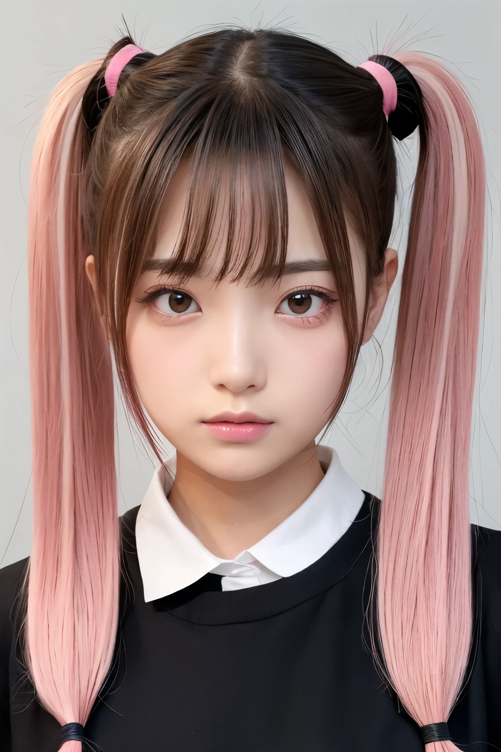 Female, twin tails, symmetrical hair color, pink on the right, black on the left