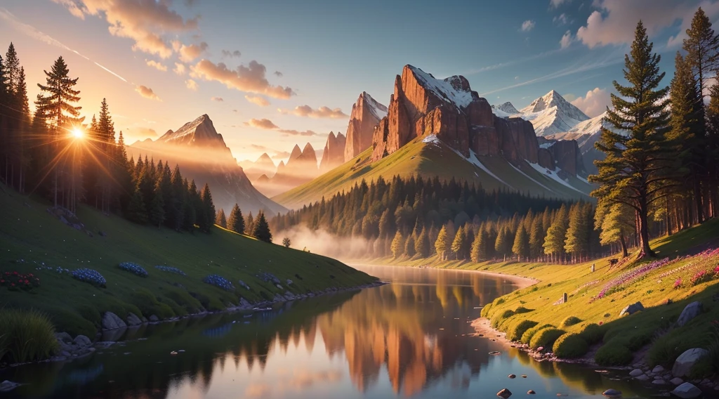 Imagine an unforgettable landscape that reveals the beauty and greatness of God in every detail. It is a scenario that transcends human understanding, where nature comes together in harmony to create a divine masterpiece. In this landscape, you find yourself in front of majestic mountains, that stand towering towards the sky. Its heights seem to touch the clouds, while its slopes display lush vegetation, a tapestry of green tones and colorful flowers. In the valleys below, clear rivers flow serenely, reflecting the sunlight that shines brightly in the sky. The water is crystal clear, as if it were a mirror that reveals the purity and life it carries. On its shores, shady trees provide shade and shelter for a wide variety of animals and birds, that seem to dance in harmony with nature. over the horizon, The sun sets in a divine spectacle. The Golden, Orange and pink colors paint the sky in a true celestial picture. It&#39;s as if God is pouring His palette of colors into the world, creating a spectacle of light and beauty impossible to replicate. When contemplating this magnificent landscape, you feel the presence of God in a deep and comforting way. The grandeur of divine creation is evident in every detail of the landscape. Every mountain, every river, every ray of the sun is a testimony to the power and beauty of God. In this landscape that shows the beauty of God, you feel small in the face of the vastness and perfection of creation. It is an invitation to marvel at the divine work, be grateful for the wonders of nature, and feel connected to the divine. It is a reminder that God is present in all things, in the beauty of nature and in the depth of our hearts.