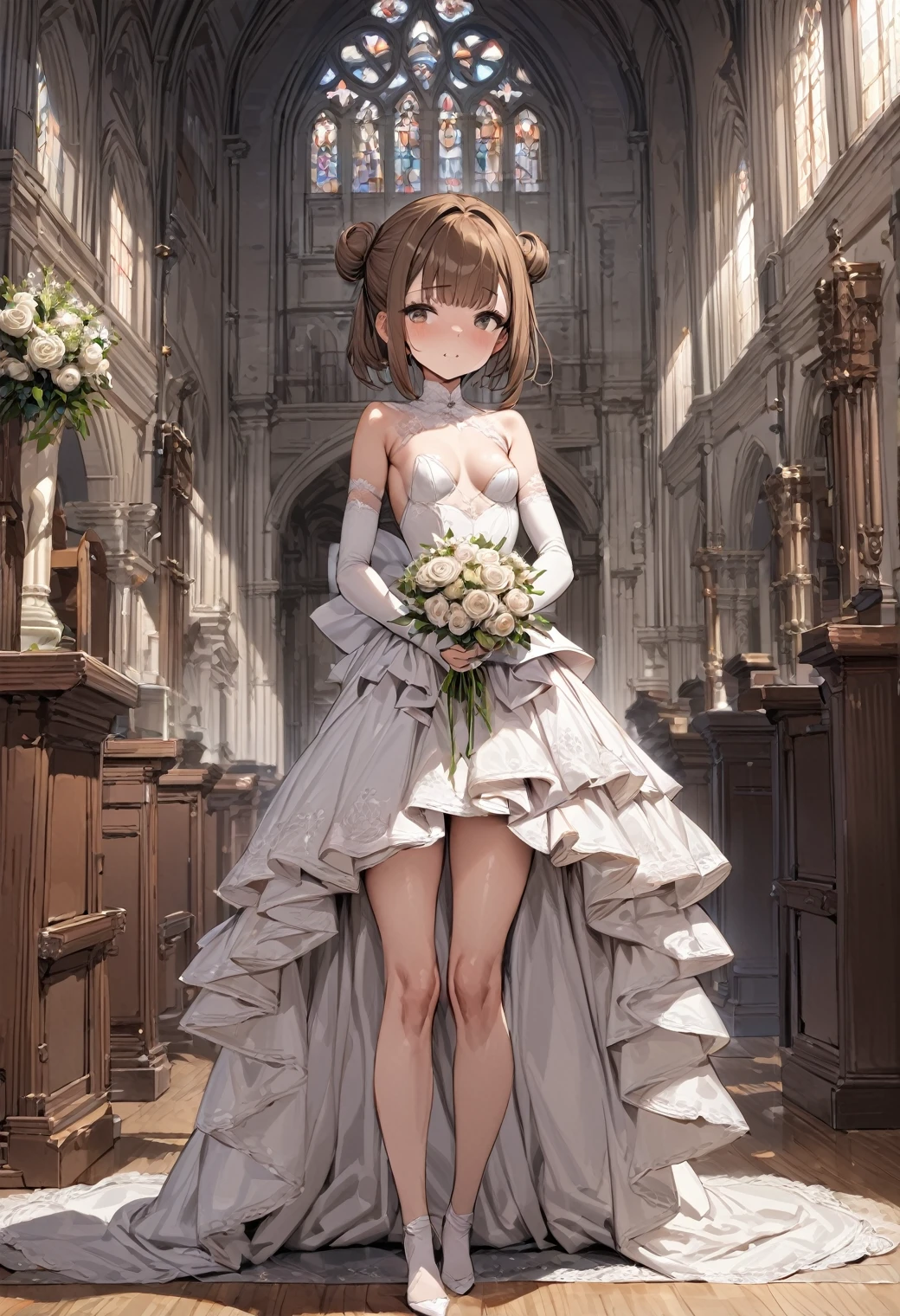(masterpiece, best quality:1.2), 1girl, solo, brown hair, medium hair, sidebuns, brown eyes, small breast, bride, elbow fingerless gloves, bouquet, full body, indoors, cowboy shot, church