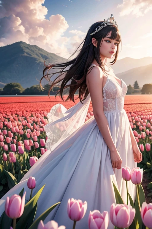 A tulip fantasy field，Capture stunning details with a macro lens，Princess in the tulip field. tulip petals floating. Beautiful princess. Tulip Field surrounding princess. This is visually synonymous with fantasy. ​​Surrounded by tulips，Gives a feeling of aw, The ground is covered in tulip flowers. This image was created using a digital simulation of a soft brush，Completed in unison in a fascinating and mysterious fantasy setting，A perfect blend of natural beauty and surreal aspects
