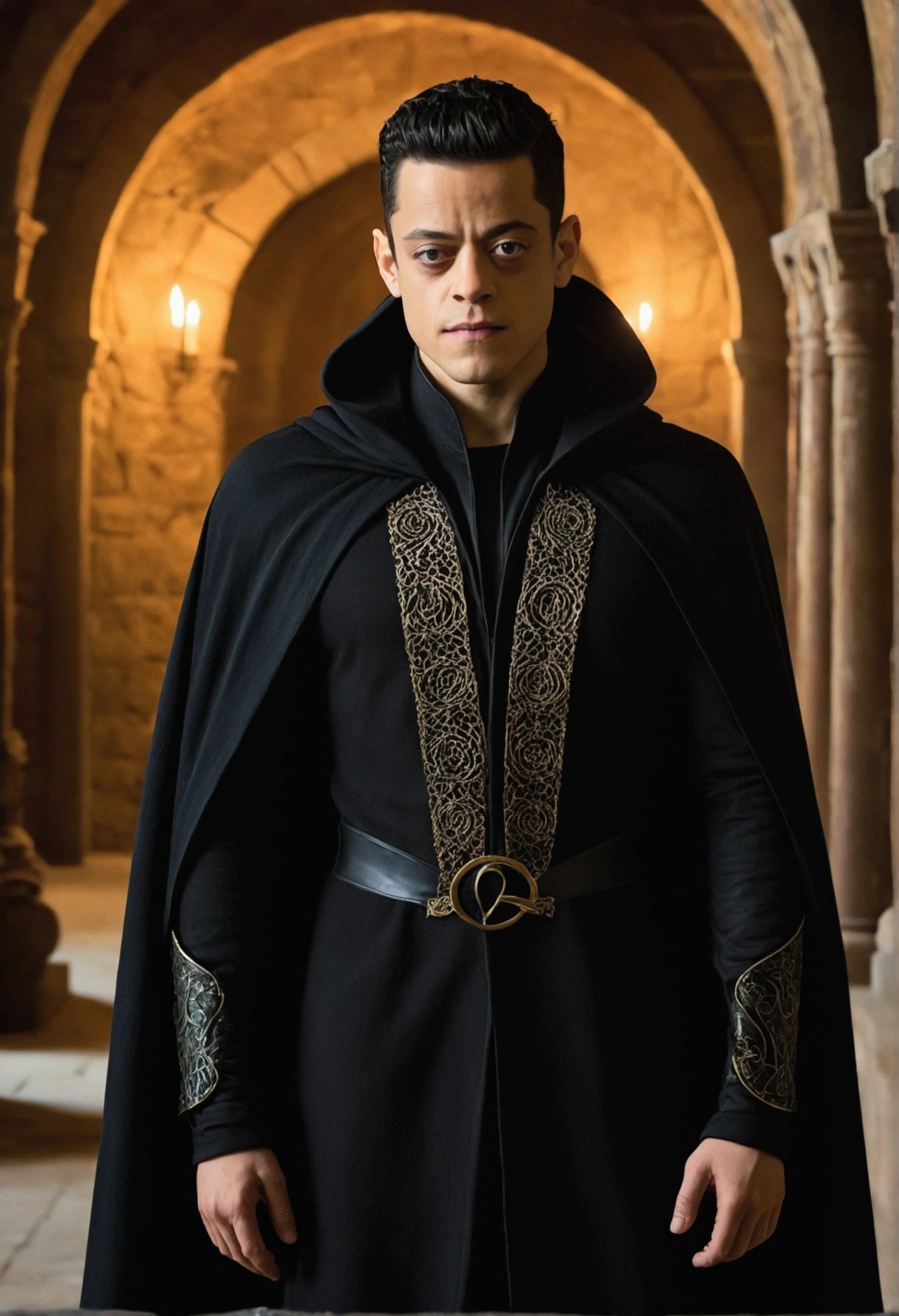 Rami Malek is portrayed as a Shadow Mage in an enchanted castle, where mystery and magic intertwine in a mesmerizing setting. Wearing a shadowy cloak that glows with magical symbols, he stands out amidst the gloom of the castle, which is filled with secret passages and enchanted rooms. The cloak, adorned with luminous runes, reflects the ethereal light that illuminates the room, creating a mesmerizing effect. The castle, with its ancient stone walls and imposing towers, is a labyrinth of mysteries. Soft, ethereal lights float through the air, illuminating the intricate details of the architecture and revealing magical creatures that inhabit the shadowy corners. Each room has its own atmosphere, with echoes of spells and hints of ancient stories permeating the air. Rami, in a pose that exudes power and control, manipulates the shadows around him, causing them to twist and morph into fascinating shapes. His gaze is penetrating and enigmatic, reflecting the wisdom and cunning of a true master of the dark arts. The environment around him is shrouded in an aura of mystery, with the extended lights contrasting with the darkness, creating a sense of tension and expectation.