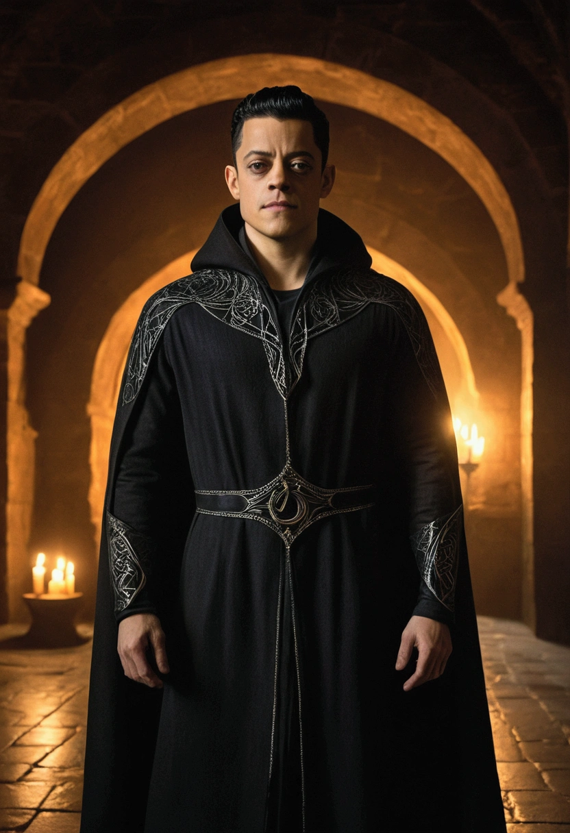 Rami Malek is portrayed as a Shadow Mage in an enchanted castle, where mystery and magic intertwine in a mesmerizing setting. Wearing a shadowy cloak that glows with magical symbols, he stands out amidst the gloom of the castle, which is filled with secret passages and enchanted rooms. The cloak, adorned with luminous runes, reflects the ethereal light that illuminates the room, creating a mesmerizing effect. The castle, with its ancient stone walls and imposing towers, is a labyrinth of mysteries. Soft, ethereal lights float through the air, illuminating the intricate details of the architecture and revealing magical creatures that inhabit the shadowy corners. Each room has its own atmosphere, with echoes of spells and hints of ancient stories permeating the air. Rami, in a pose that exudes power and control, manipulates the shadows around him, causing them to twist and morph into fascinating shapes. His gaze is penetrating and enigmatic, reflecting the wisdom and cunning of a true master of the dark arts. The environment around him is shrouded in an aura of mystery, with the extended lights contrasting with the darkness, creating a sense of tension and expectation.
