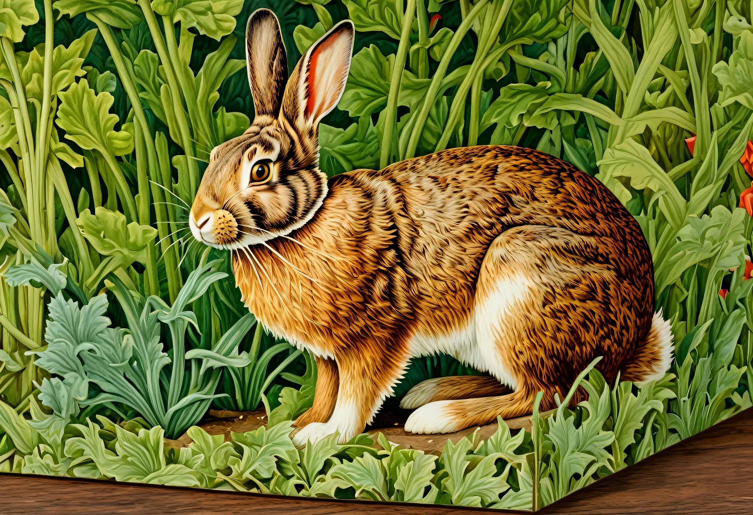 A picture of a puzzle box with a rabbit in the garden, jigsaw, inspired William Morris, Highly detailed Barlow 8K, 8k octa-rendered photo, Anthropomorphic rabbit, Detailed rabbit in the middle, Inspired by George Stubbs, Close-up portrait, William Morris, High-quality printing, By Laszlo Balogh