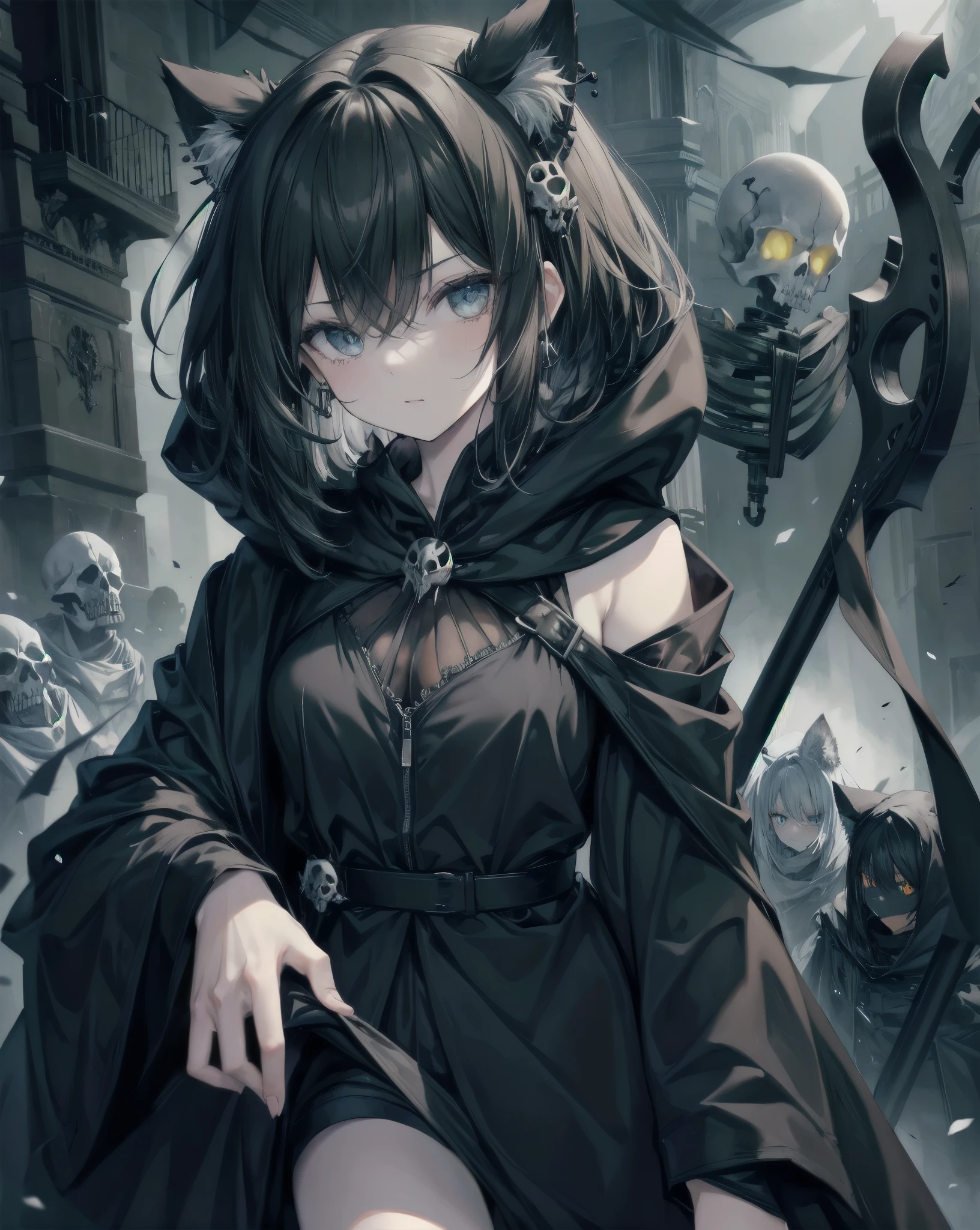 Neko ears, cat ears, black hair, grim reaper, black scythe full of blood, black-green-blade, absurdres, RAW photo, extremely delicate and beautiful, masterpiece, Best Quality, ultra high resolution, 32k, hyperrealistic, ultra-detailed, detailed description, pale skin, 20 years old, tearful mole, skull earring, short medium hair, wavy hair, whole body shot, skeleton in background, she is a necromancer. Ghost skulls on background. Aestetics. Black 1cat. Green fire on her eyes. Bare shoulders, Garter. Accent eyes. Ultra Detailed eyes.eyes focus.hoodie.skull Smoke. Skeleton behind her. She has a leg on a pile of skulls and bones. skeleton from a grave. skull on eyes. Black skeleton wings