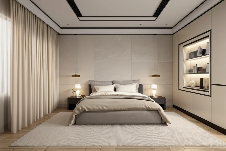 best quality, masterpiece, Interior design, cream tone, 1000k, industry style:1.2, bedroom