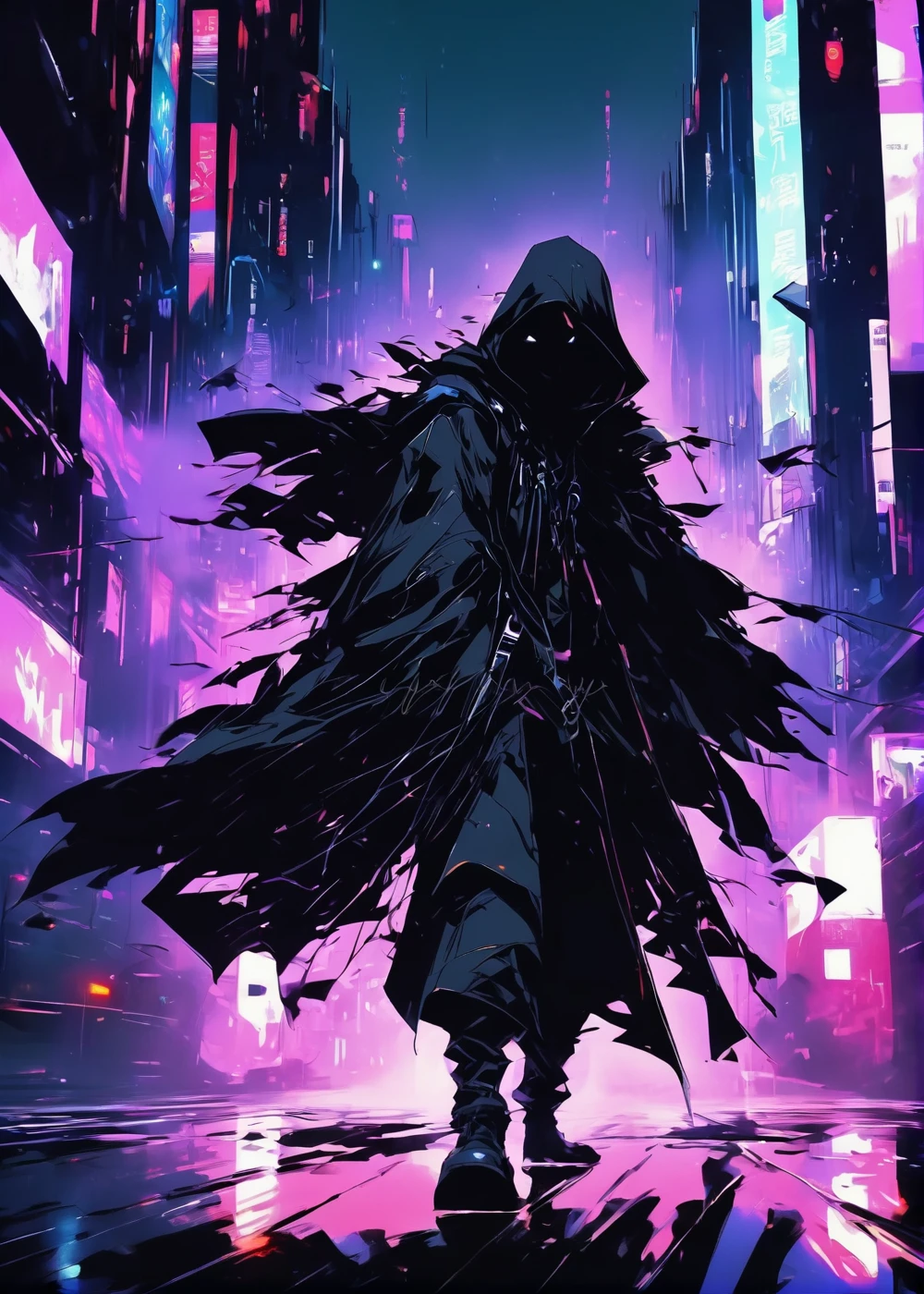 Can shoot wide and far, ((One man wore a black hooded cloak., Back to Camera:1.5)), Standing on the rainy road, Looking at the city of the future at night, Dark cityscape with neon lights (best quality, 4K, 8ก , high resolution, work of art: 1.2), Special details (realism, photorrealismic, photorrealismic: 1.37), movie light, Stunning shadow, Temperamental atmosphere, complicated details, bright city lights, Advanced technology, retro futuristic architecture, dynamic gesture, Smoke hood that casts shadows on the face, intense stare