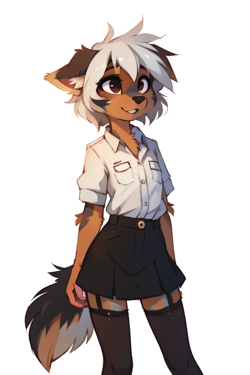 (((White background, no background))), High quality, 8K, by kenket, by swaybat, by reysi, by Zackary911, by hyattlen, by teranen, by fumiko, by Pixelsketcher, by Bayard Wu, by Einshelm, by Kilinah, by Hioshiru, by fluff-kevlar, by Dimwitdog, Furry, Anthro, solo, ((australian shepard)), ((female)), ((young)), fluffy tail, ((slender)), ((short white hair)), chest fluff, short, small breasts, high waisted see-thru black tights, transparent tights, skirt, button up shirt, panties under tights, up skirt, skirt pulled up