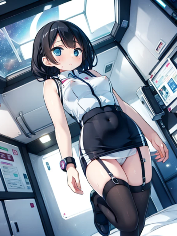 (Highest quality), (masterpiece), 1080P, High resolution, 4K, 8k, Inside the space station、Futuristic room、Thigh straps, Shooting from directly below, The woman on top of me, Nipples, 白いSweat, Covered , Sweat, Woman looking down, Skirt swimsuit, Thigh-high socks, To achieve this, , , whole body, Black leather shoes, Braided hair, Inner Color, Embarrassed face, Short black hair, bracelet, Bedroom,celestial body_Vest
