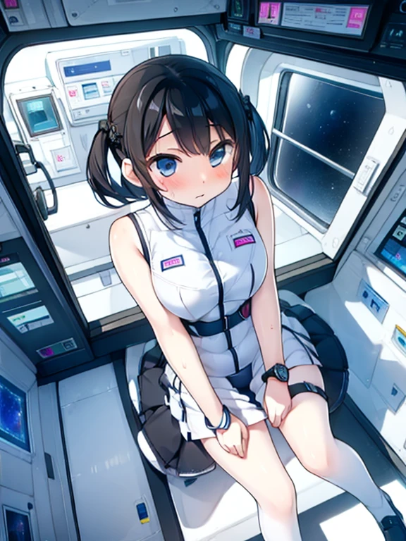 (Highest quality), (masterpiece), 1080P, High resolution, 4K, 8k, Inside the space station、Futuristic room、Thigh straps, Shooting from directly below, The woman on top of me, Nipples, 白いSweat, Covered , Sweat, Woman looking down, Skirt swimsuit, Thigh-high socks, To achieve this, 16 years old, , whole body, Black leather shoes, Braided hair, Inner Color, Embarrassed face, Short black hair, bracelet, Bedroom,celestial body_Vest
