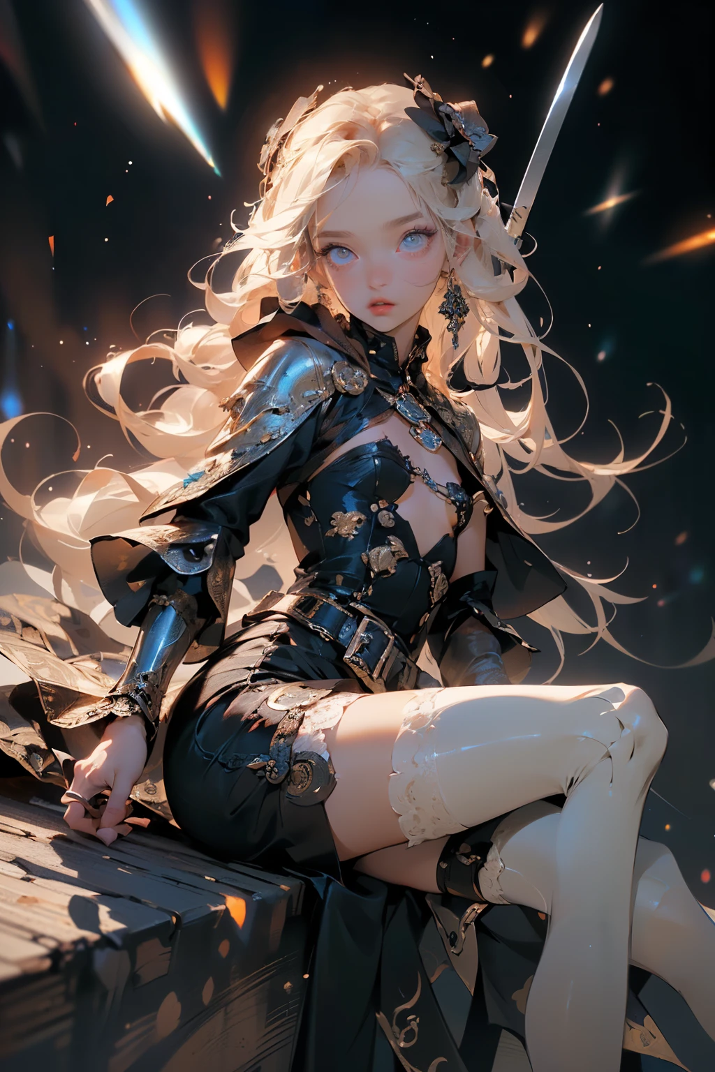 (((masterpiece, of the highest quality, super detailed))), (a female knight of an occult order), ((((a sword with a digital glitch-like effect to the blade as though it is rapidly flickering in and out of reality, with a very slight warping effect around it similar to gravitational lensing, is floating next to her)))), Edwardian/Victorian era inspired, ((minimal but intricate beautiful armour)), Fluttering lace flared dress with frilly petticoats, ((((Highly detailed face))), (((Very sharp focused eyes))), very long eyelashes, small breasts, (((flat chest:1.1))), occult aesthetic, (red and white clothing detailed and intricate steampunk and detailed gothic), (with a hood), complex lace boots